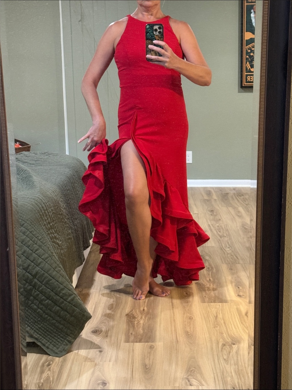 Red Halter High-Low Scuba Ruffle Evening Dress